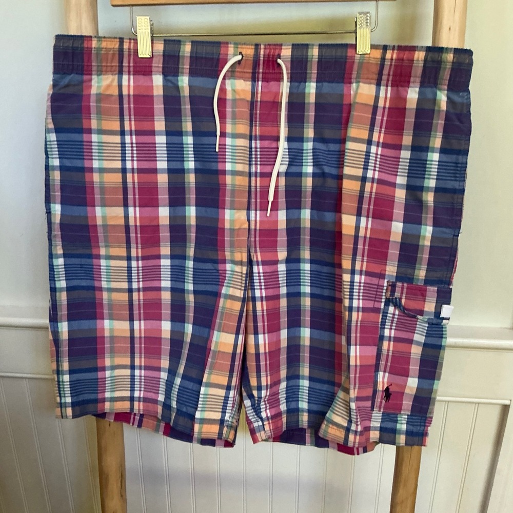 Polo Ralph Lauren Mens Plaid Swim Trunks Multicolor Cargo Pocket Size Large
